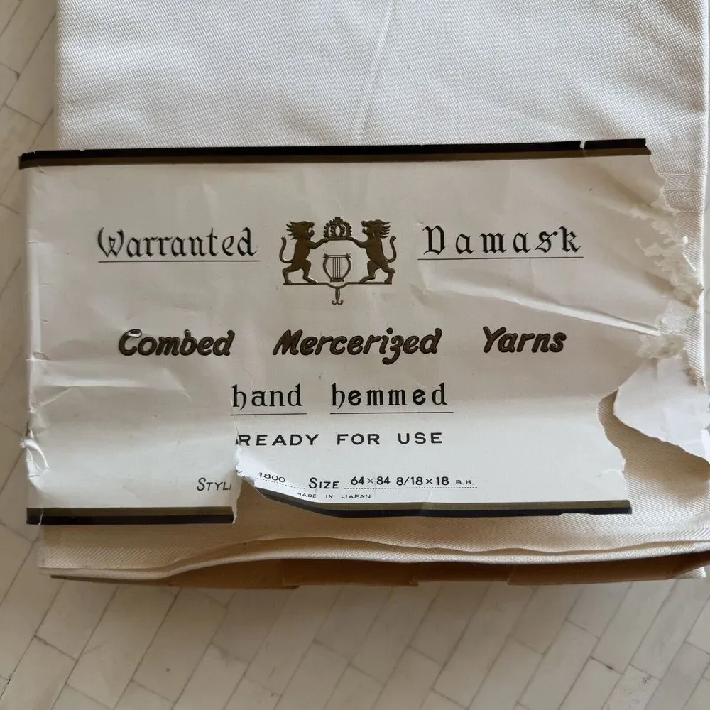 Vtg Table Damask Ivory Tablecloth 64x84 Hand Hem Japan Combed‎ Mercerized Yarns